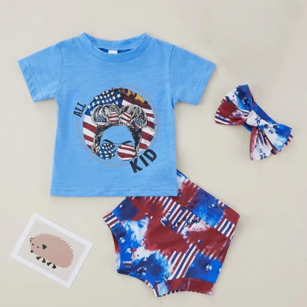 Patriotic Blue T-shirt Tie Dye Bloomer Baby Girl Summer Holiday Set 9-12M